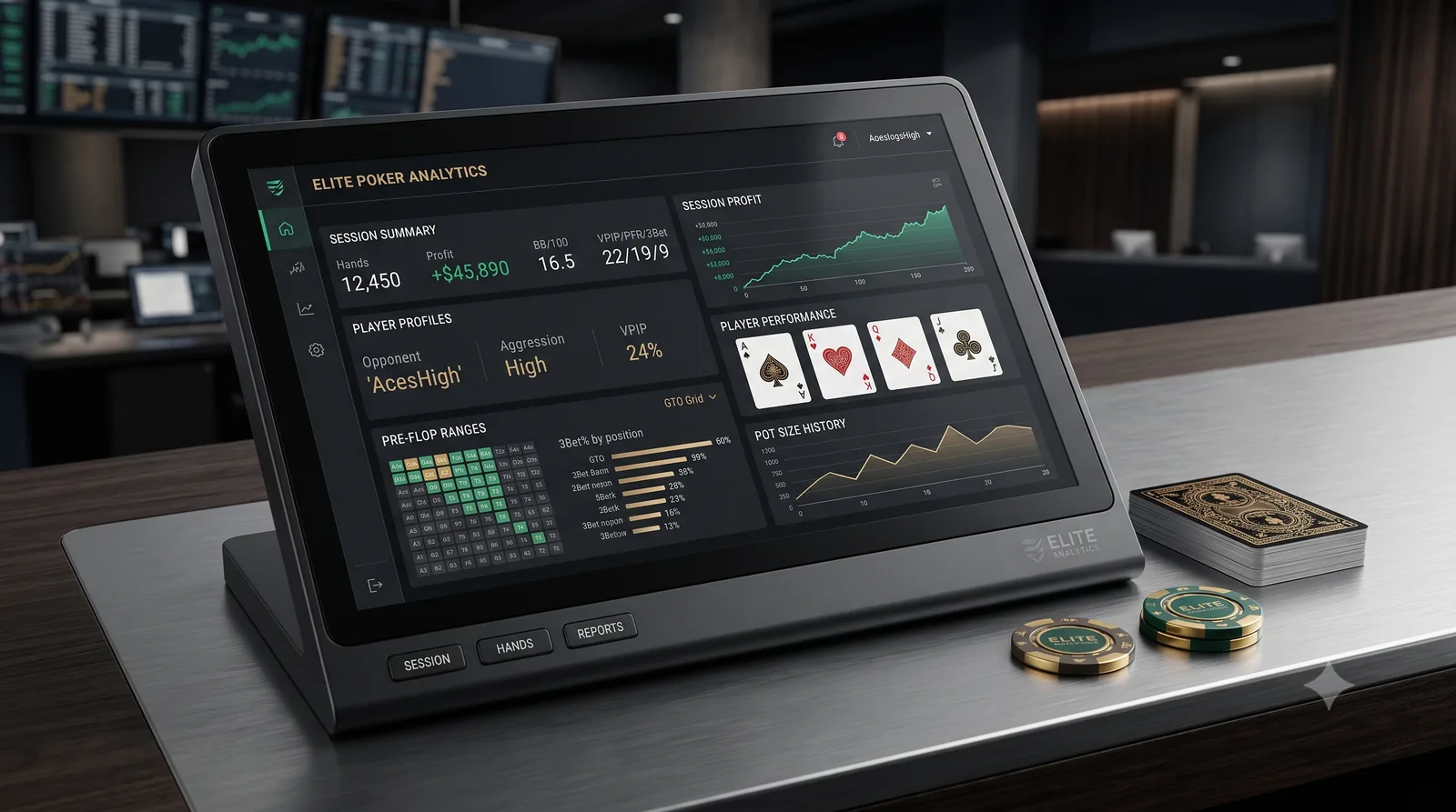 Terminal d'analyse PokerMTT Pro avec cartes physiques et jetons d'or brossé