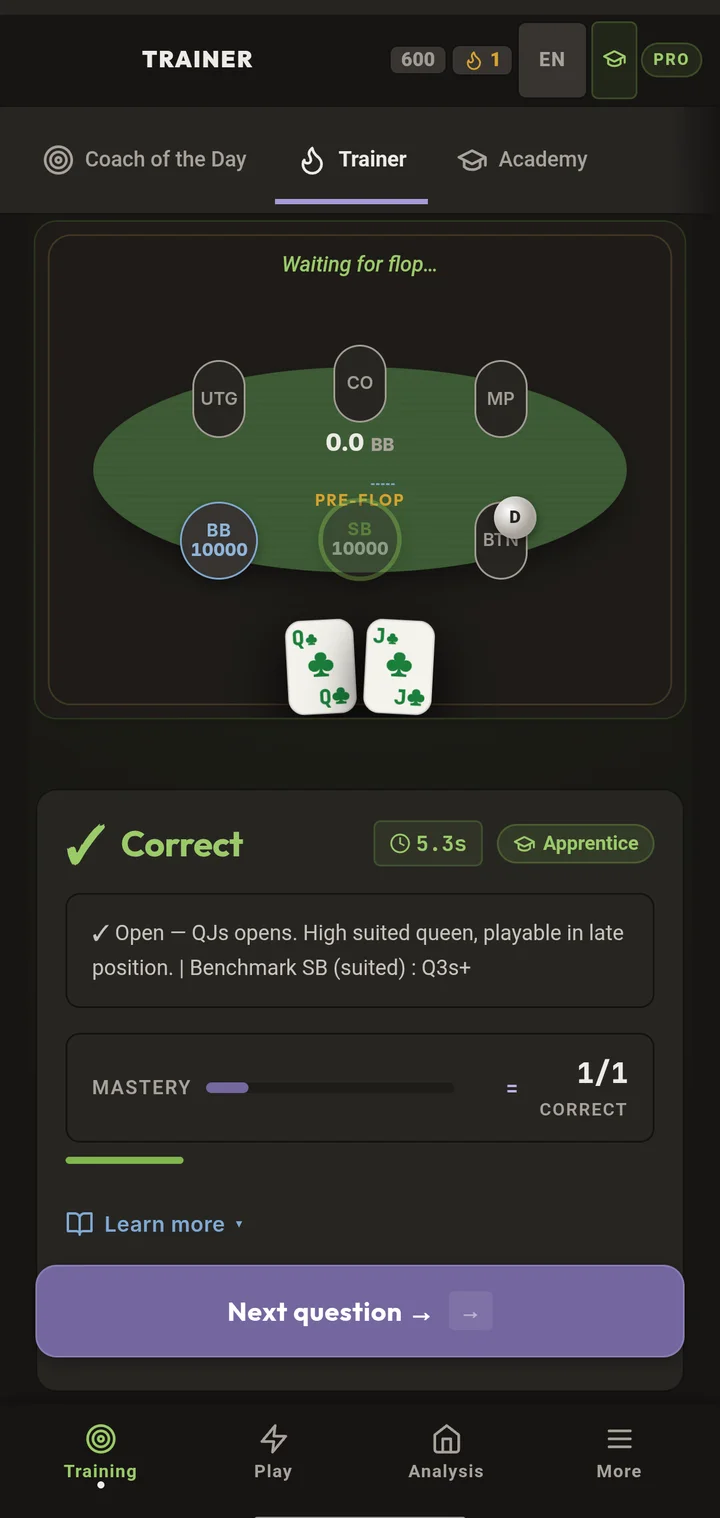 Pantalla del Trainer de PokerMTT Pro